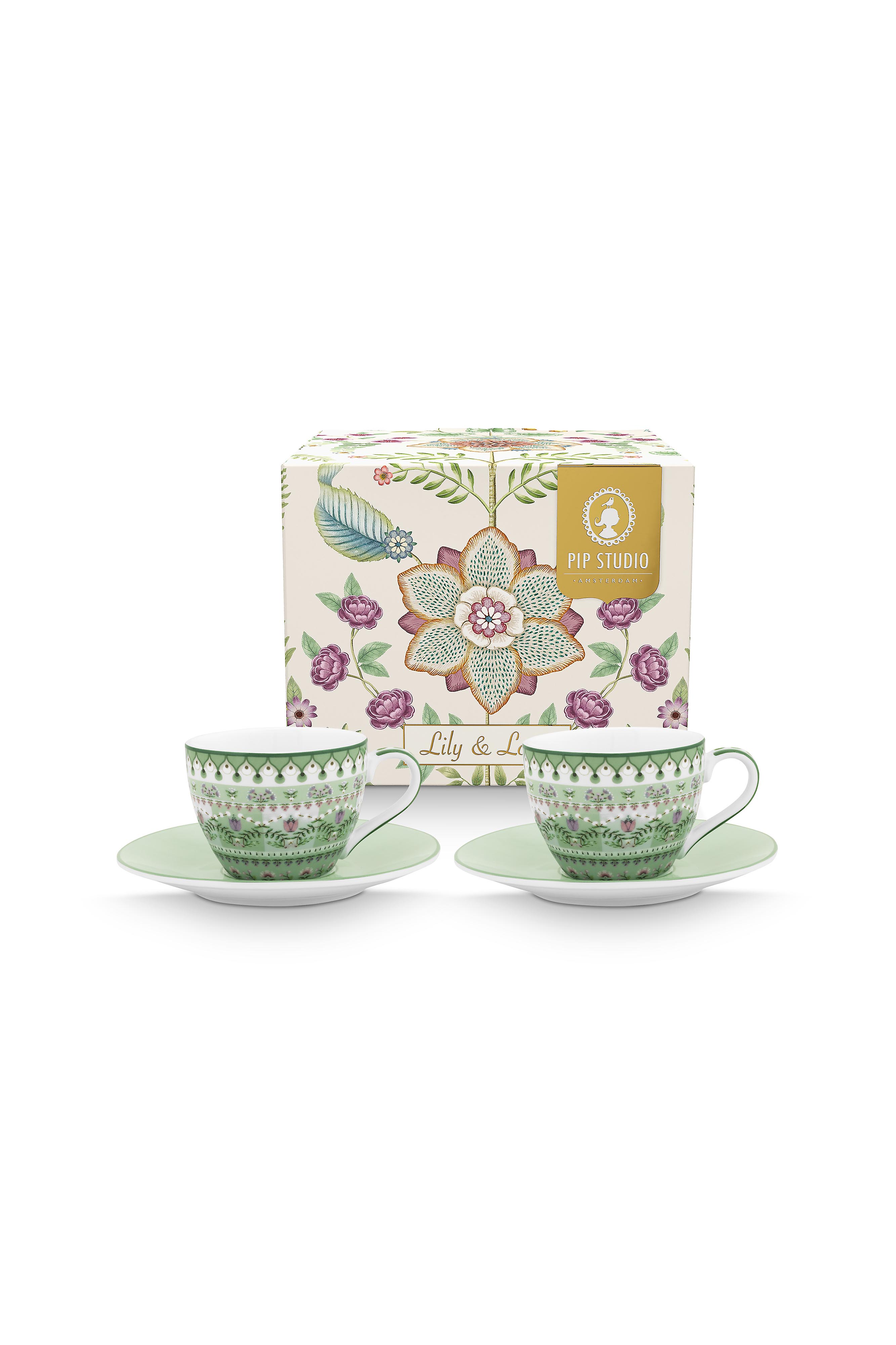 Pip Studio Lily & Lotus sada 2ks espresso šálků s podšálky 100ml, zelená