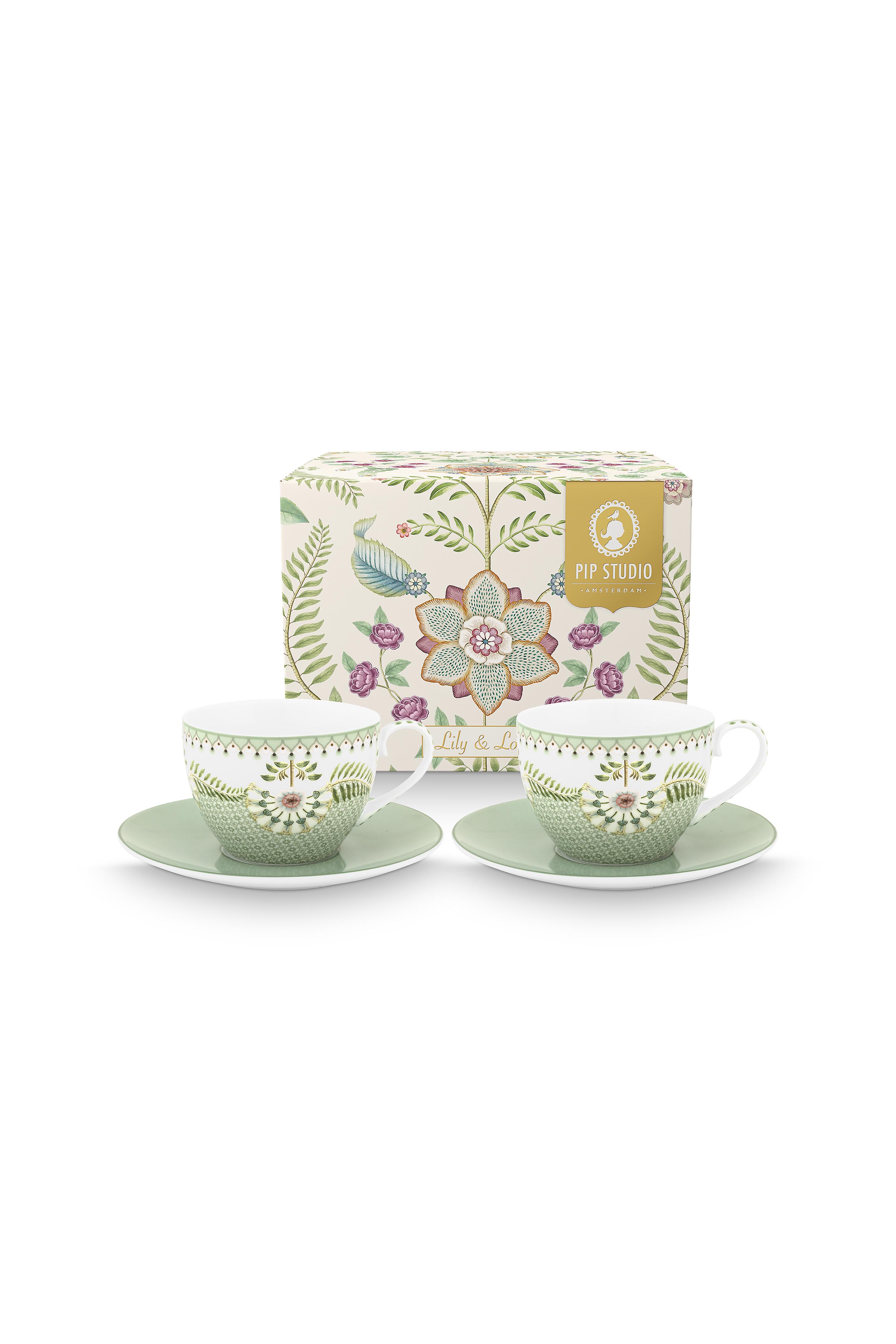 Pip Studio Lily & Lotus sada 2ks cappuccino šálků s podšálky 270ml, zelená