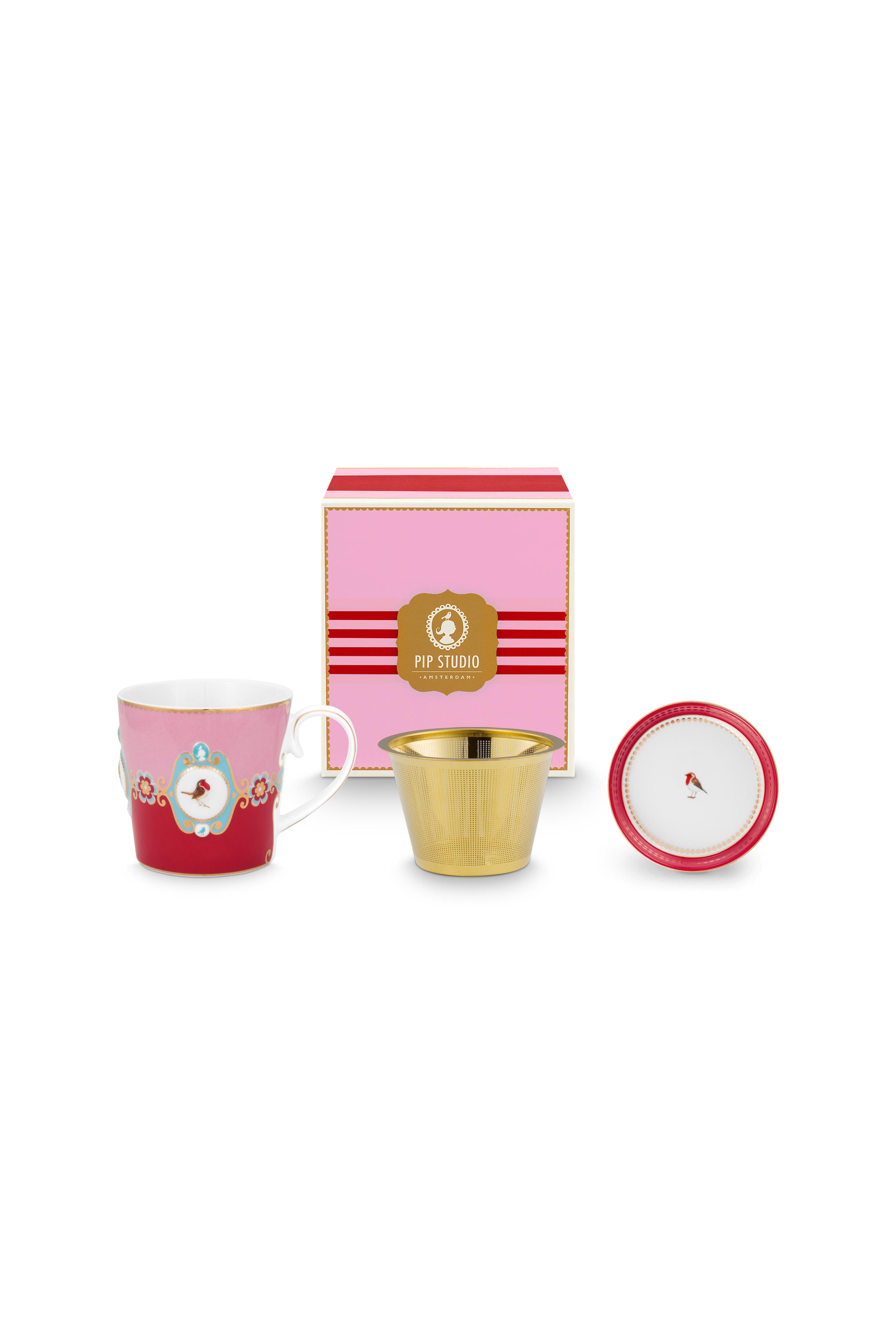 Pip Studio Love Birds Stripes sada na čaj pro jednoho 225 ml, červeno-růžová