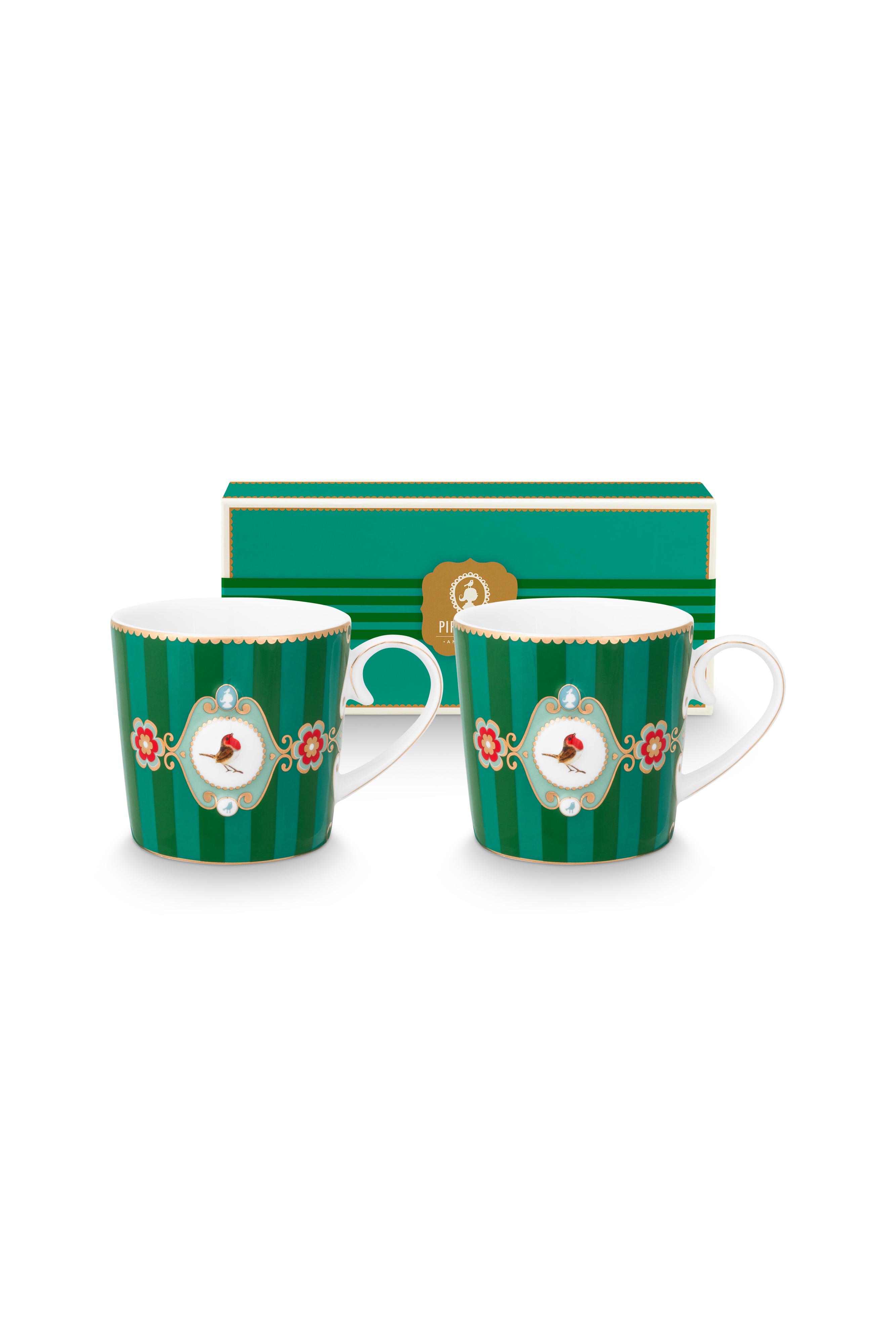 Pip Studio Love Birds Stripes sada 2 ks hrnků 165ml, zelená